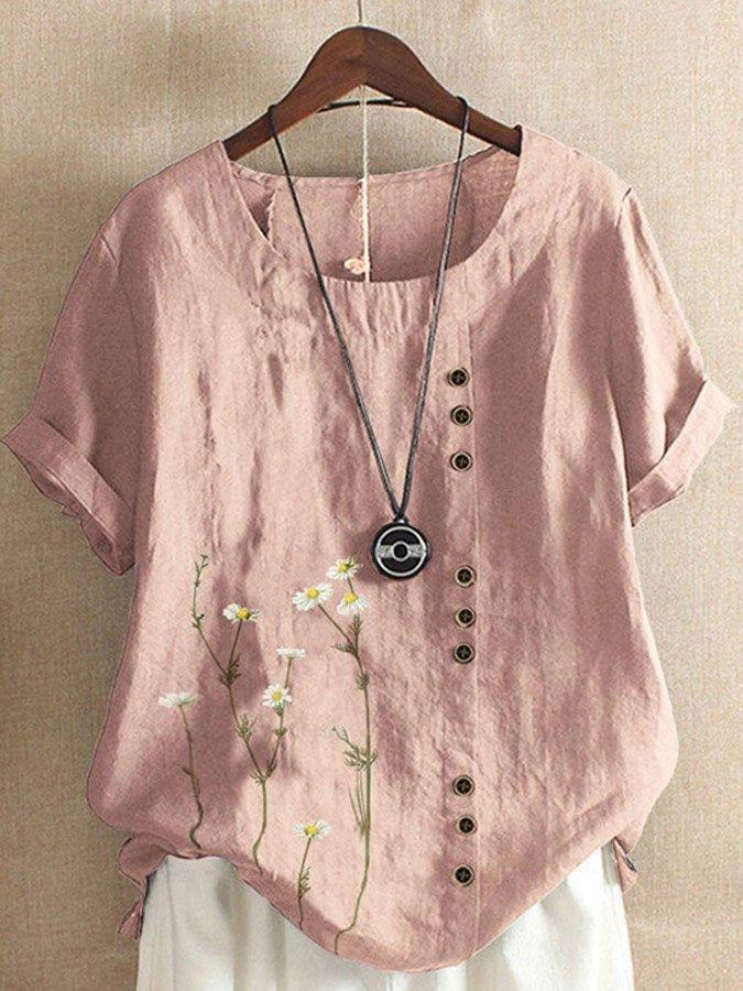 Floral Print Buttons Round Neck Short Sleeves T-shirt