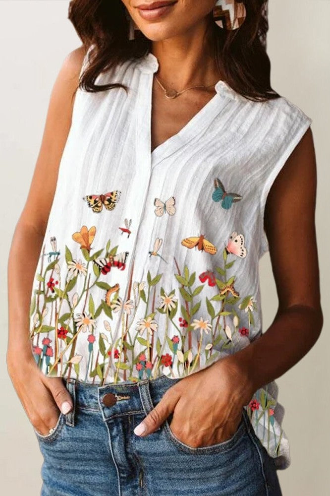 Butterfly Floral Print V-neck Sleeveless Vest Tops