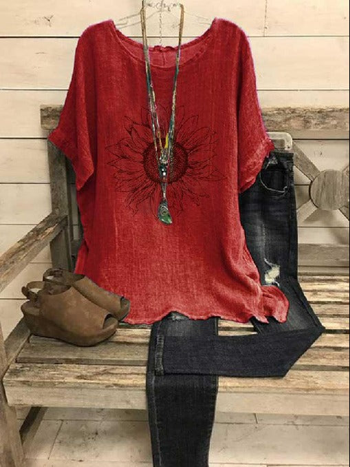 Floral Print Round Neck Short Sleeves Blouse