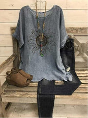 Floral Print Round Neck Short Sleeves Blouse