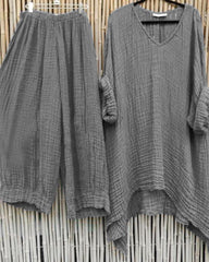 Solid Color Casual V-neck Short Sleeves Two Piece Suit